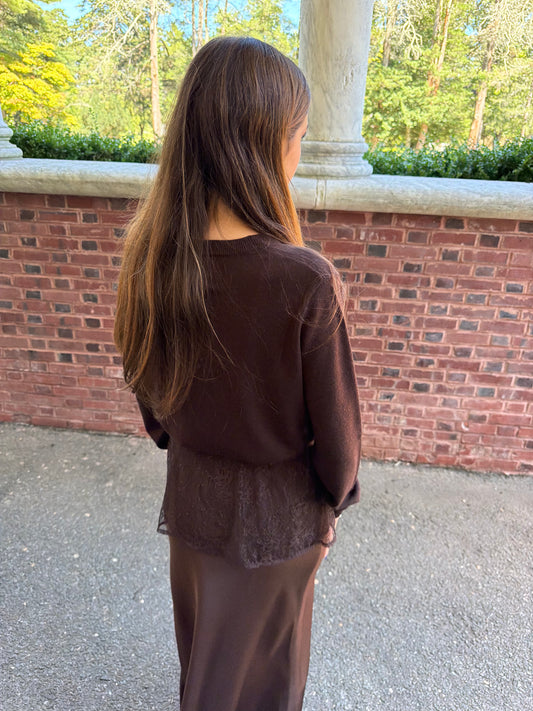 Back view of chocolate brown slip skirt with lace overlay