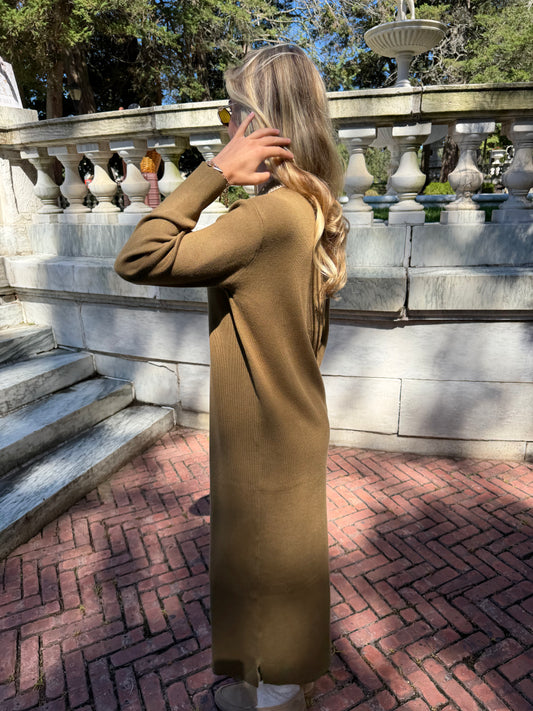 Side view of olive green polo knit dress with oat contrast stitching and collar placket detail
