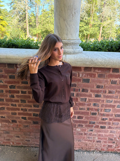 Closer front view of chocolate brown slip skirt with lace overlay