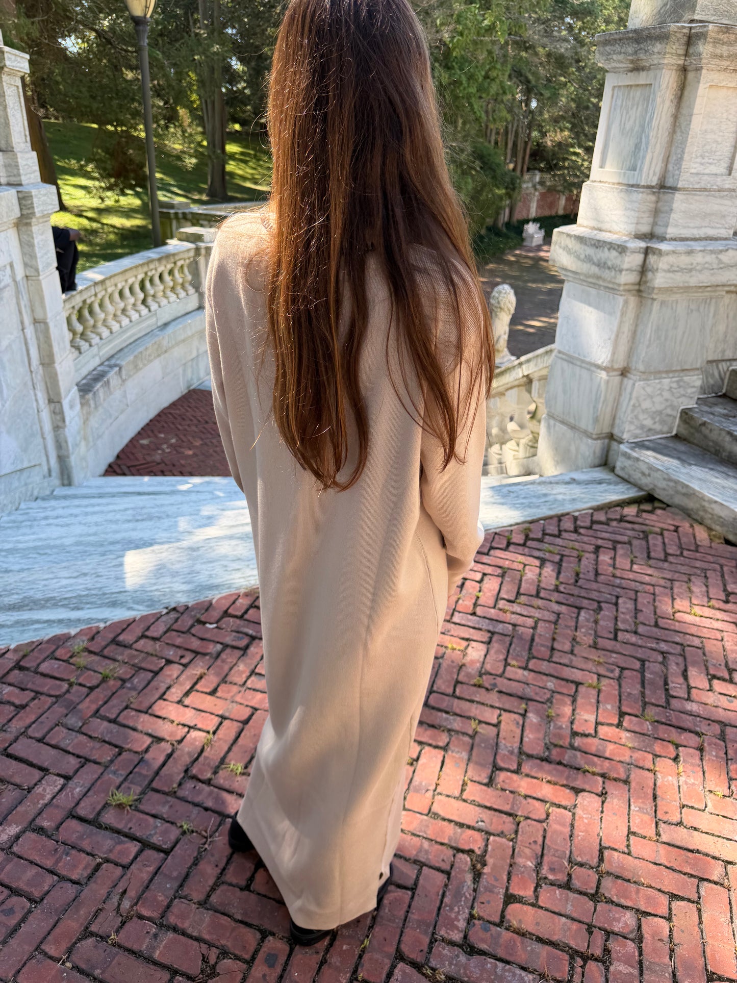 Back view of oat polo knit dress with black contrast stitching and collar placket detail