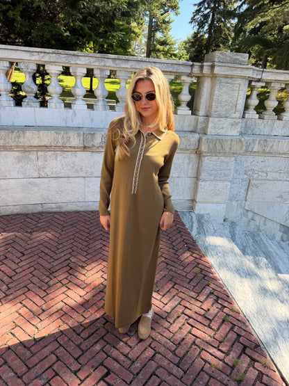Front view of olive green polo knit dress with oat contrast stitching and collar placket detail