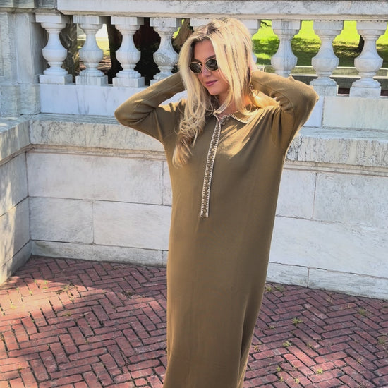 Video of olive green polo knit dress with oat contrast stitching and collar placket detail