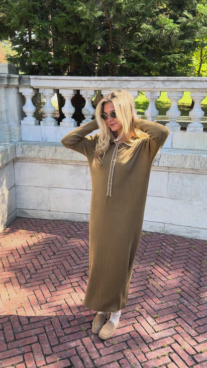 Video of olive green polo knit dress with oat contrast stitching and collar placket detail