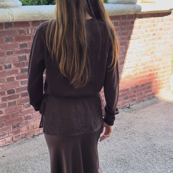 Back to front view of chocolate brown slip skirt with lace overlay