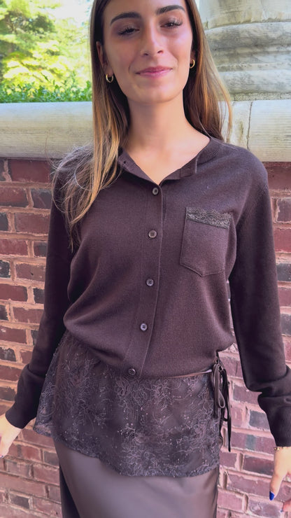 Video of chocolate brown cardigan with lace trim pocket detail on chest