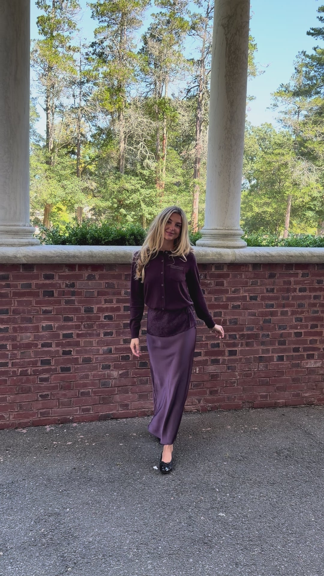 In motion video of plum slip skirt with lace overlay